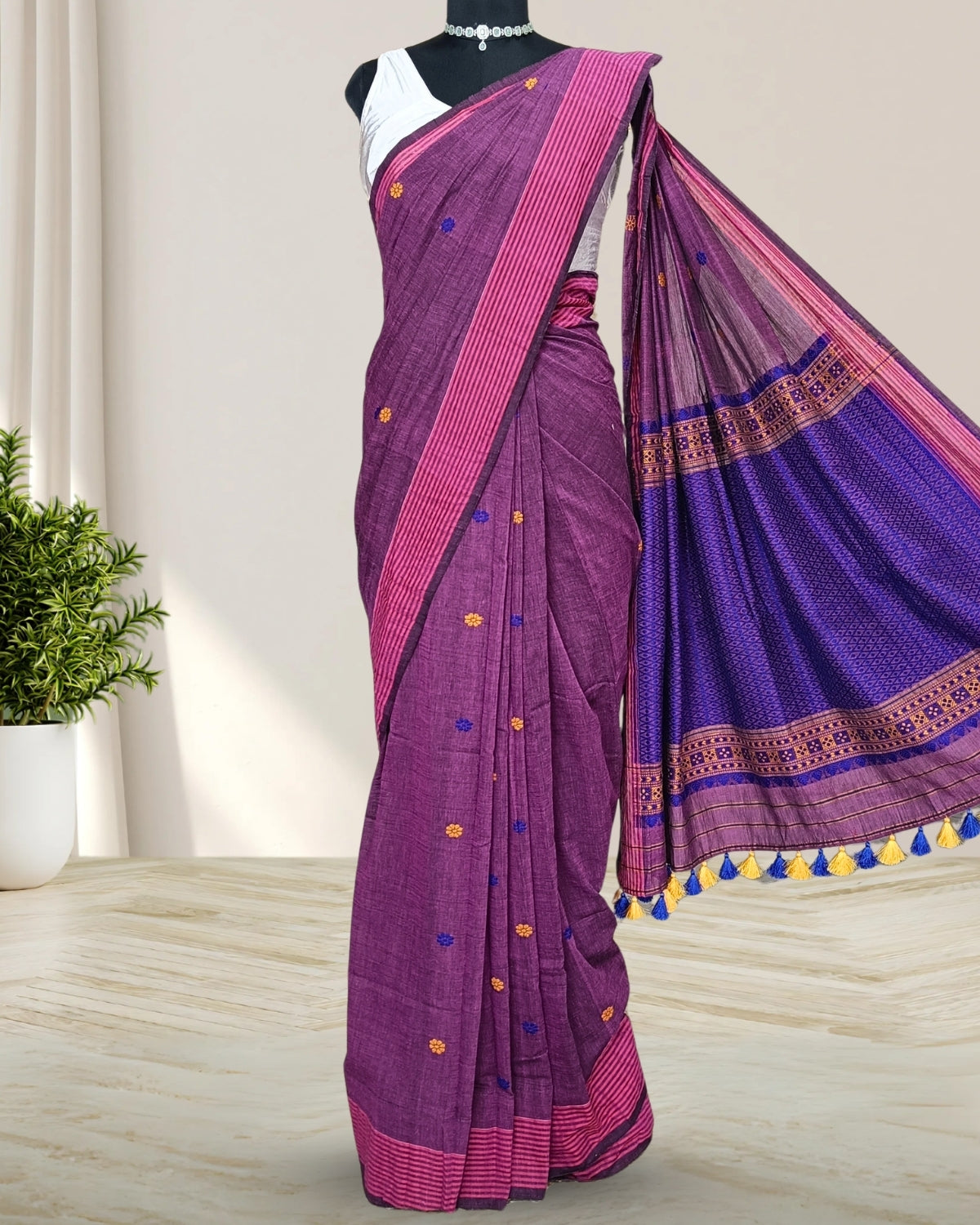Purple pure cotton saree with designer motifs