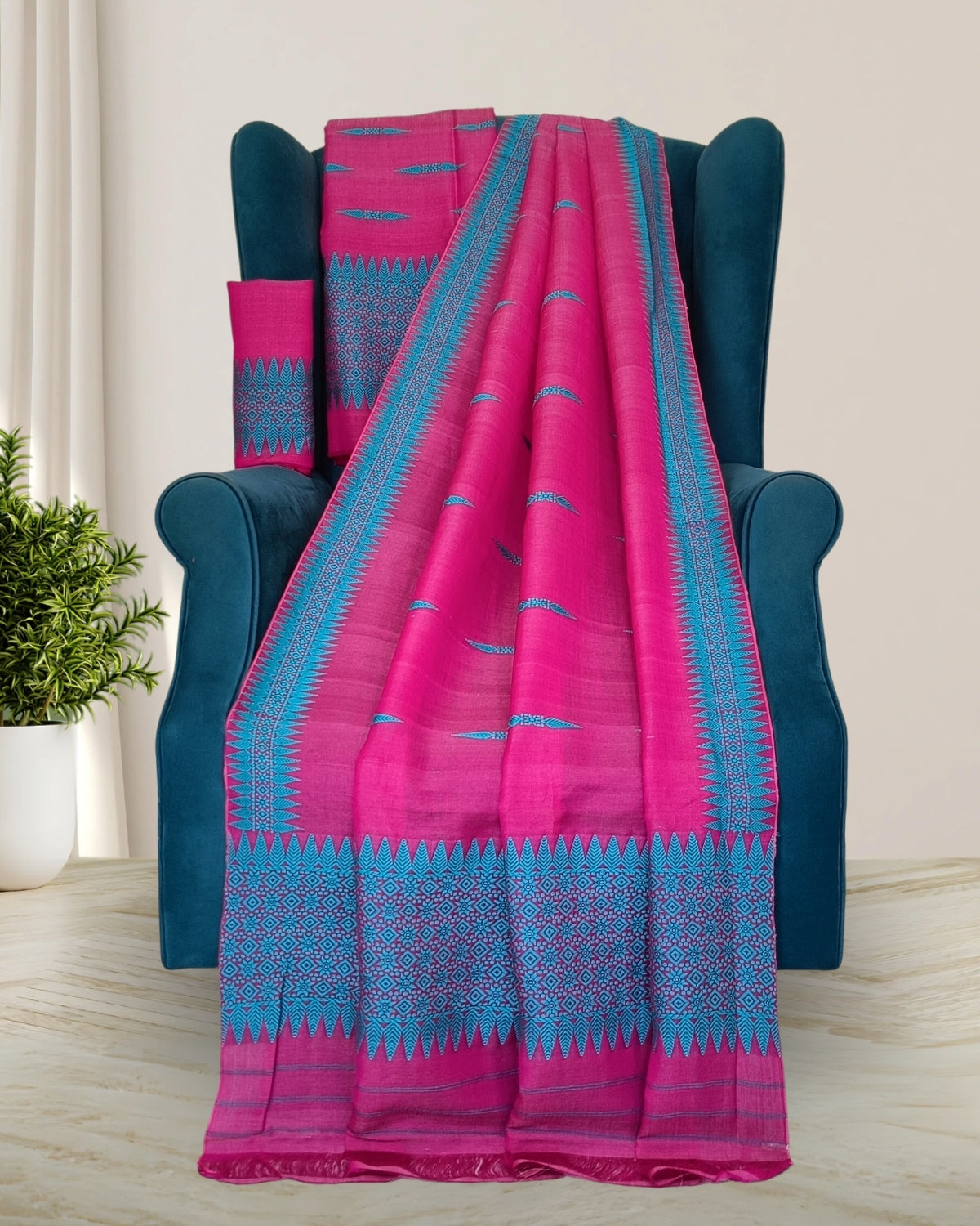 Semi nuni mekhela sador with fix border design -Pink