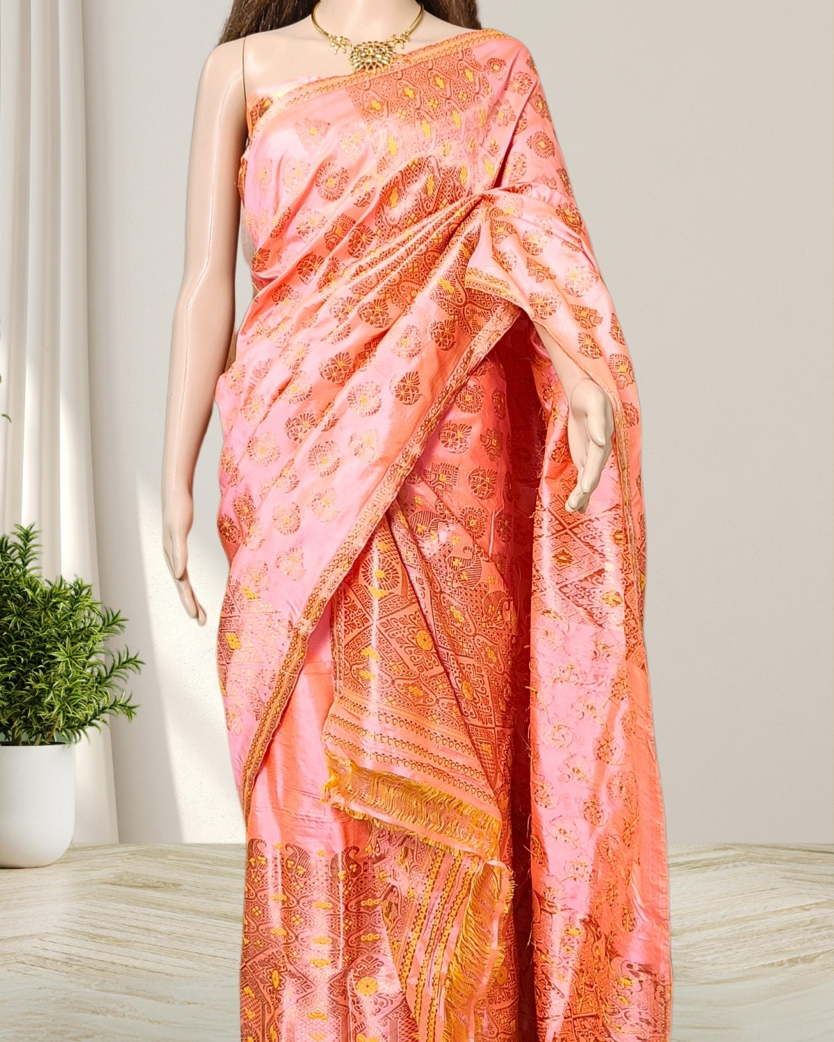 Peach orange pure Mulberry silk mekhela sador