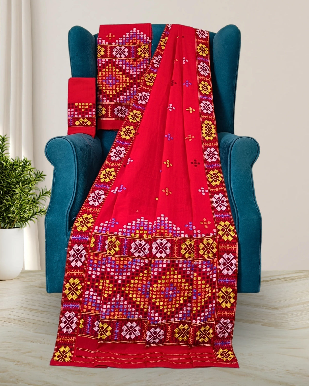 Red padmini cotton Mising mekhela chadar