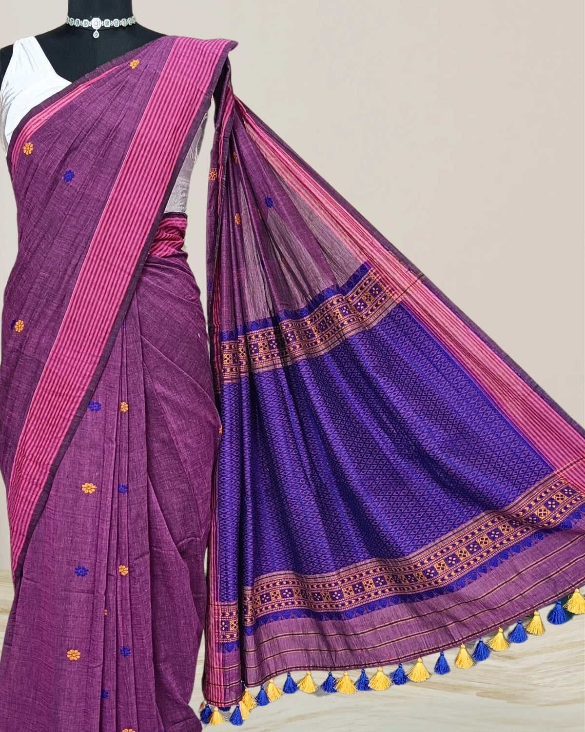 Purple pure cotton saree with designer motifs