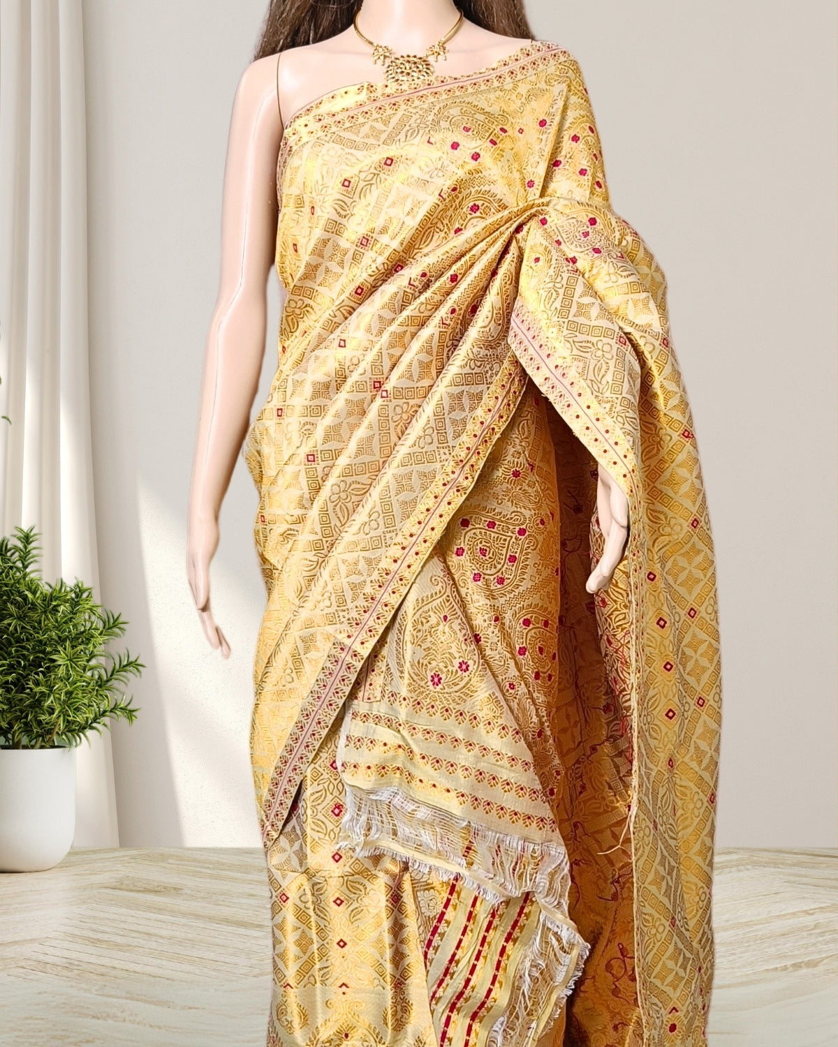 Golden color pure Mulberry silk mekhela sador