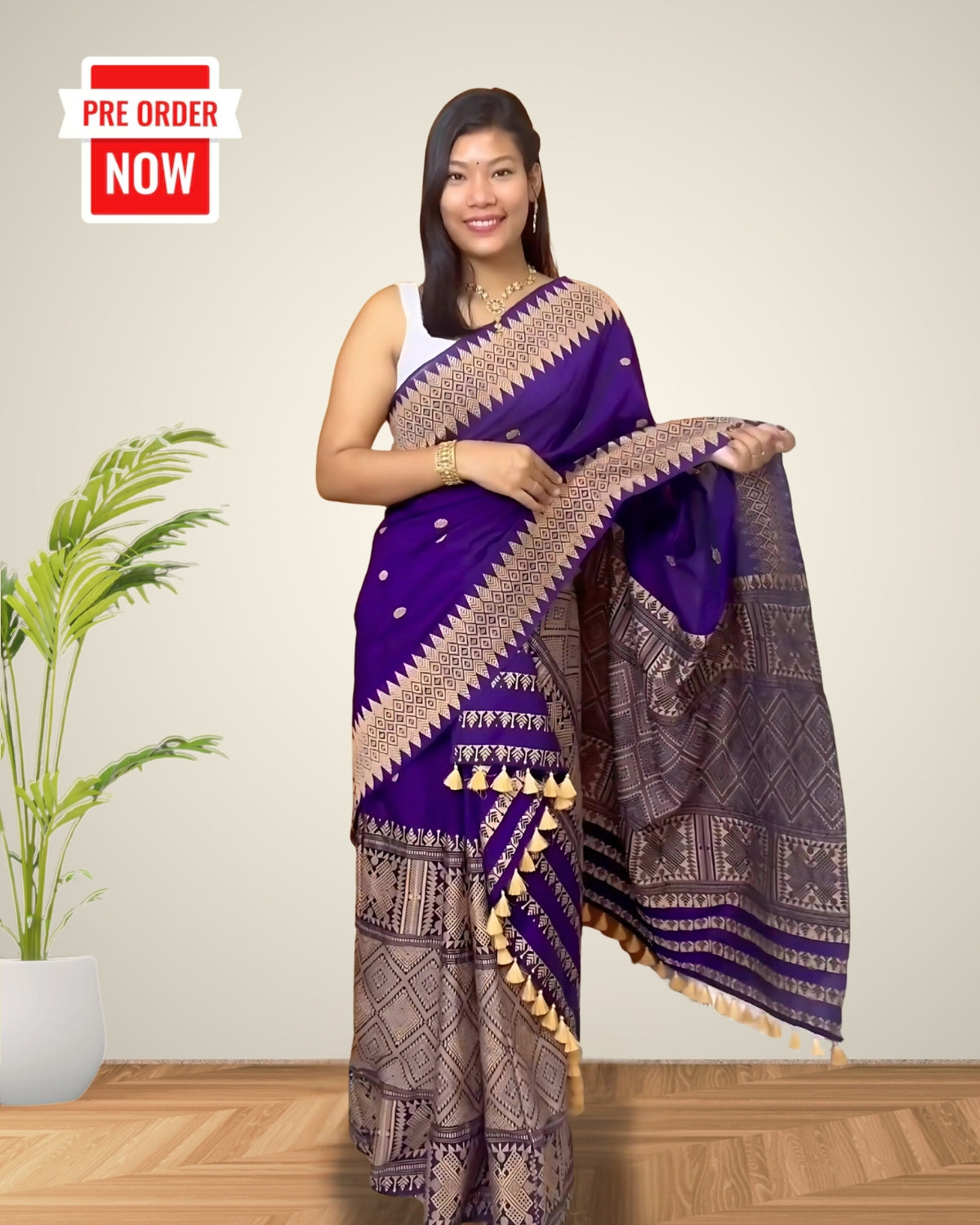 Royal purple padmini cotton mekhela chadar with designer motifs