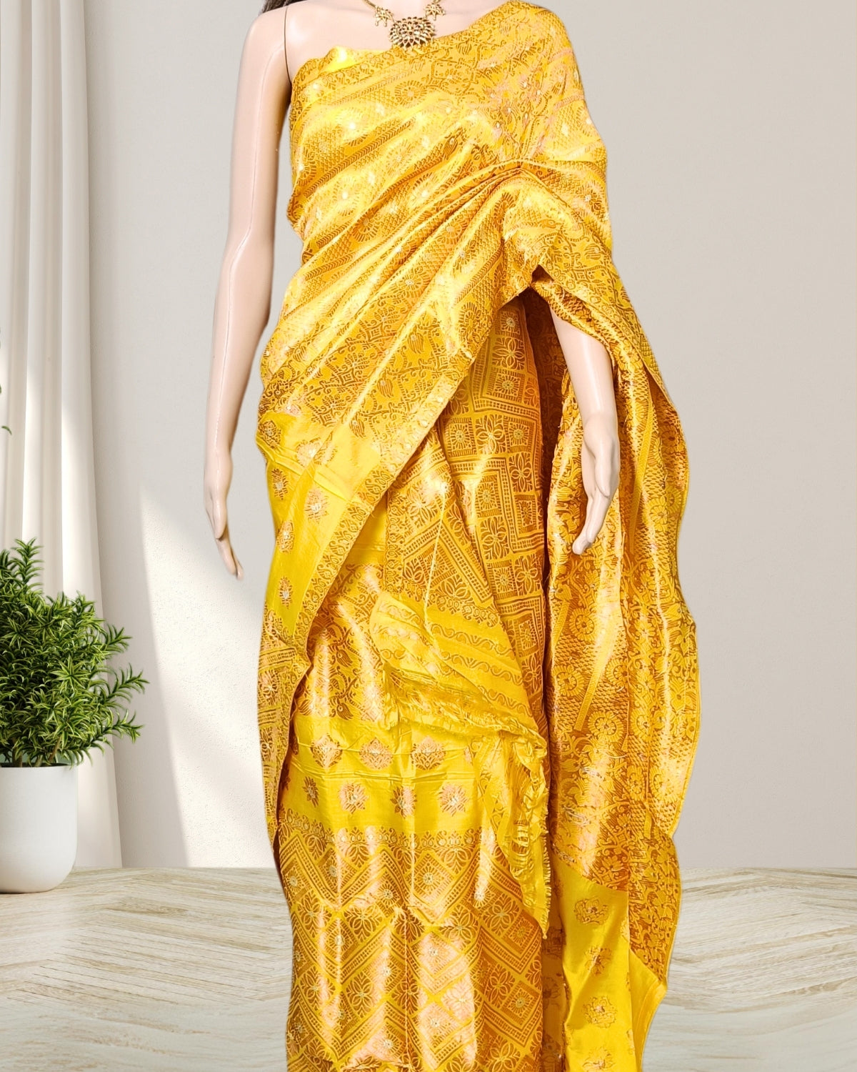 Golden yellow pure Mulberry silk mekhela sador
