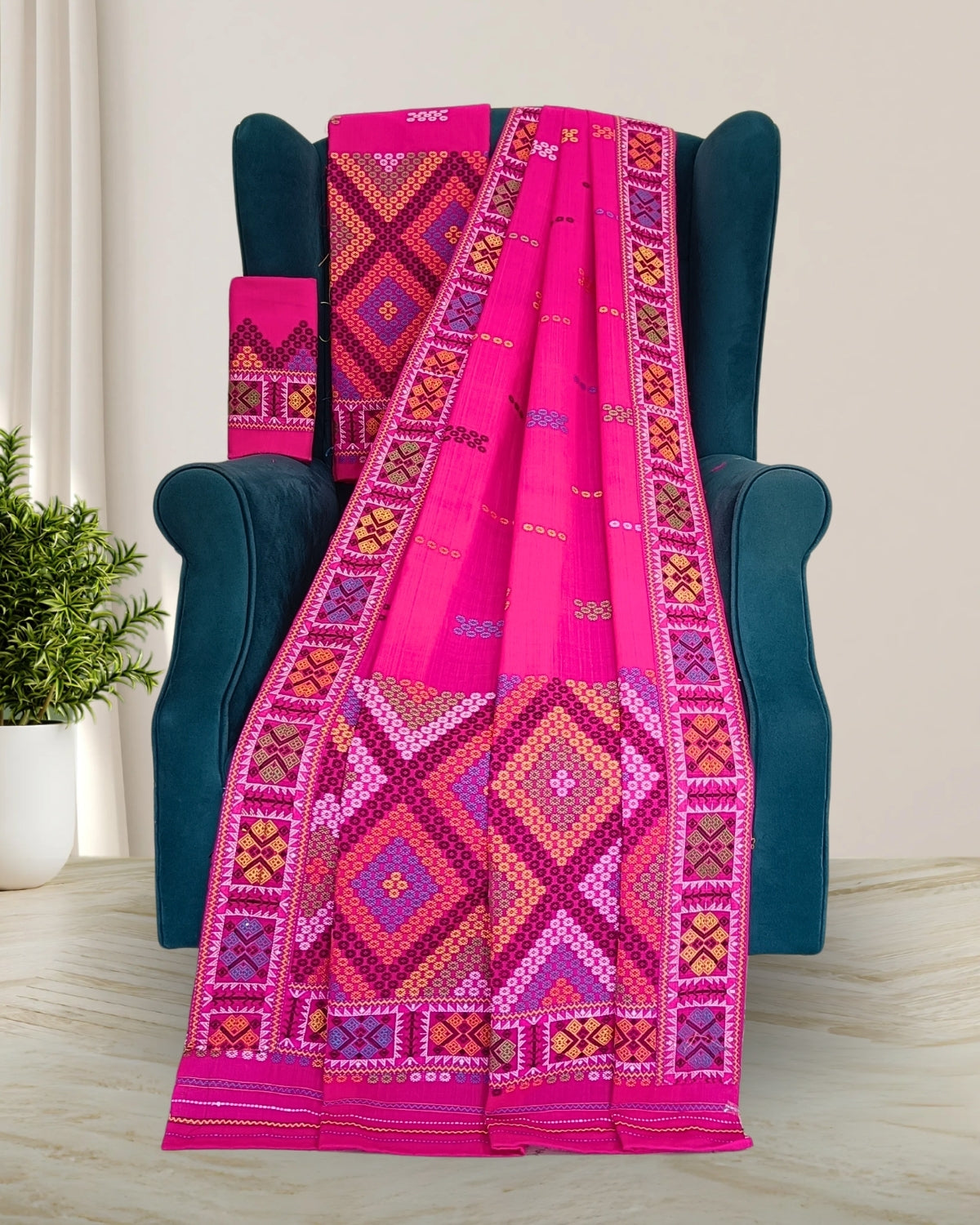 Magenta pink padmini cotton Mising mekhela chadar - DMC motif work