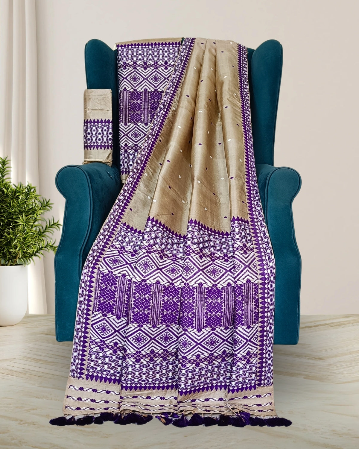 Tussar silk mekhela sador with purple designer motifs