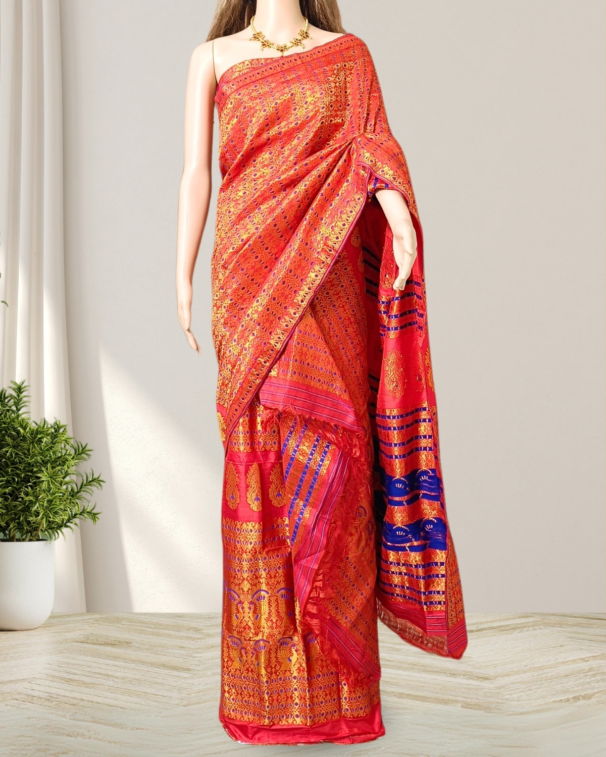 Red pure Mulberry silk mekhela sador