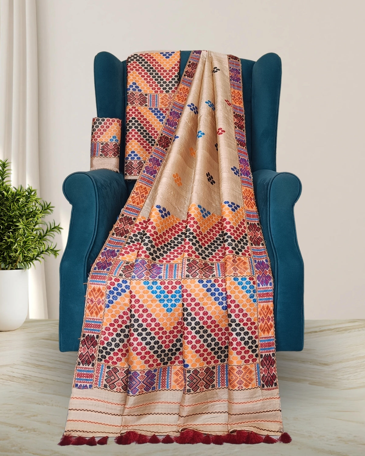 Tussar silk mekhela sador in Mising tribal design - DMC motif work