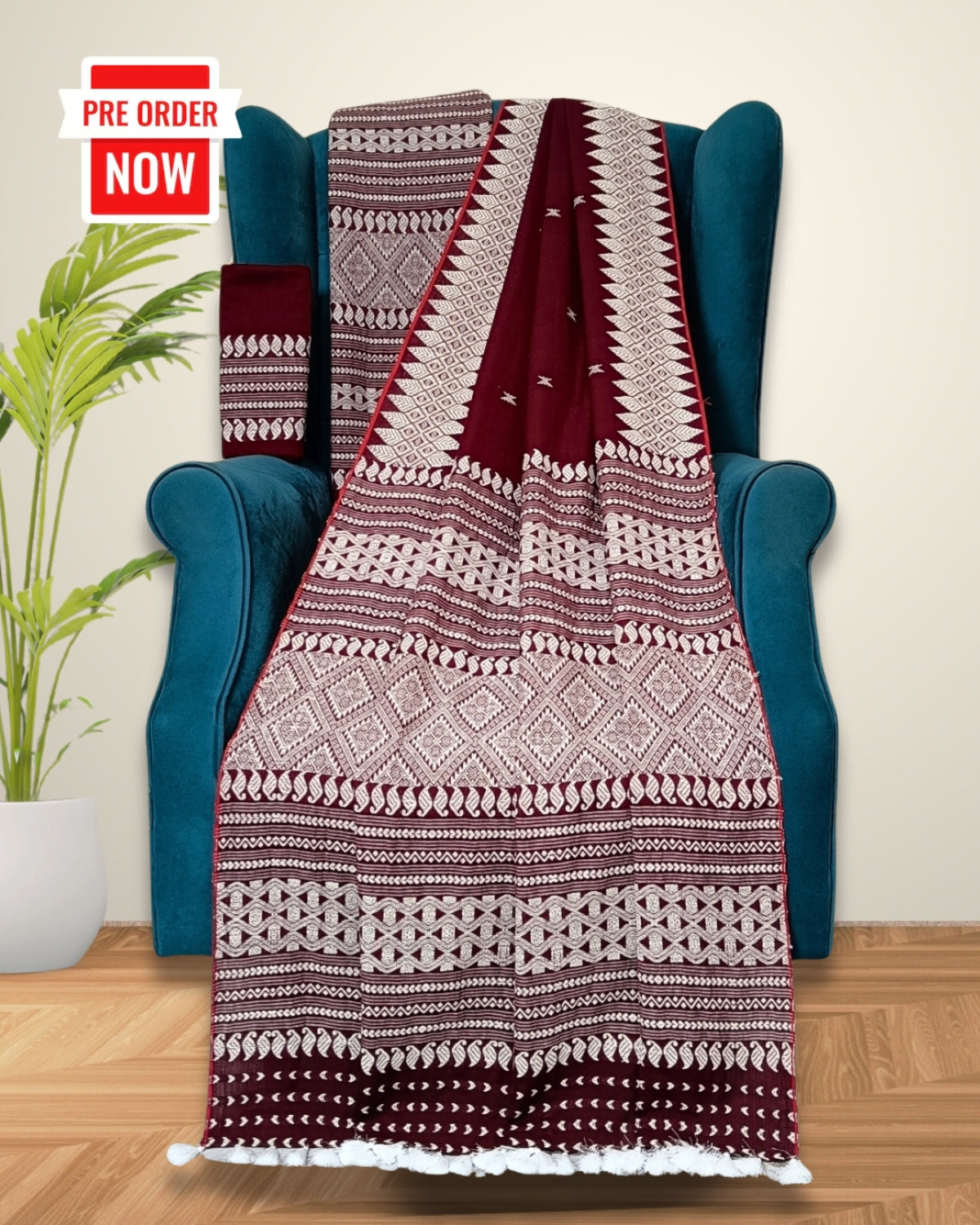 Maroon red padmini cotton mekhela sador with designer motifs