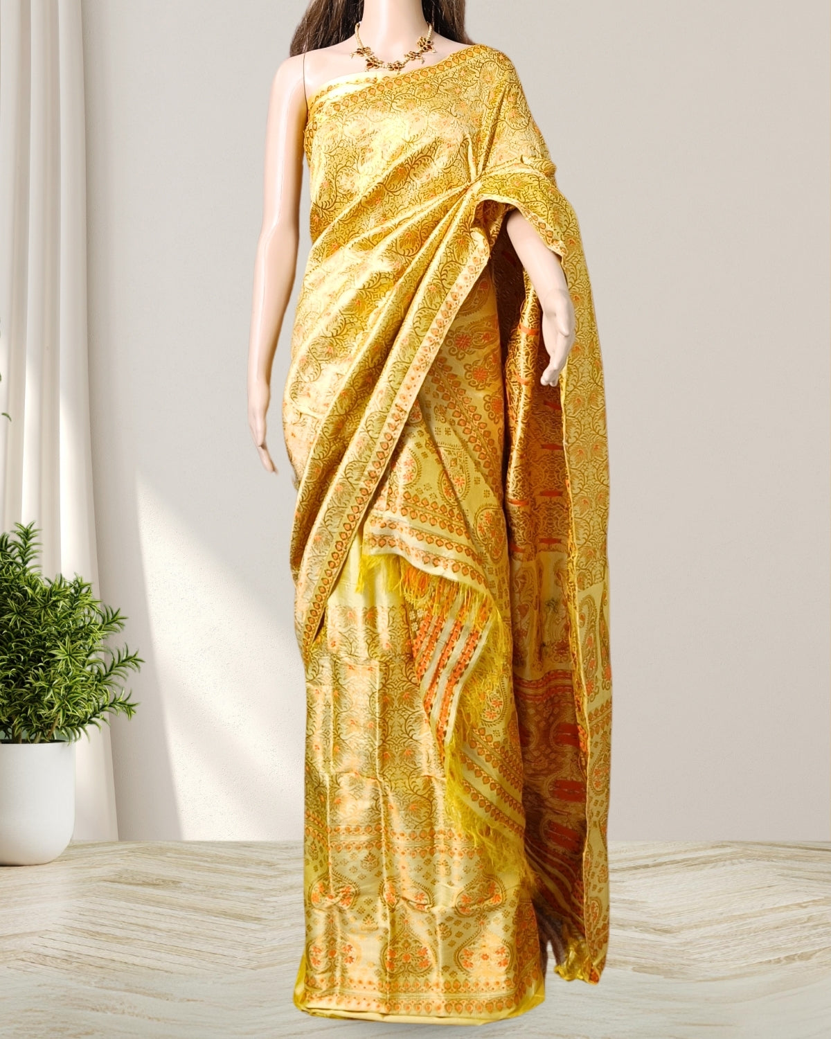 Golden color pure Mulberry silk mekhela sador