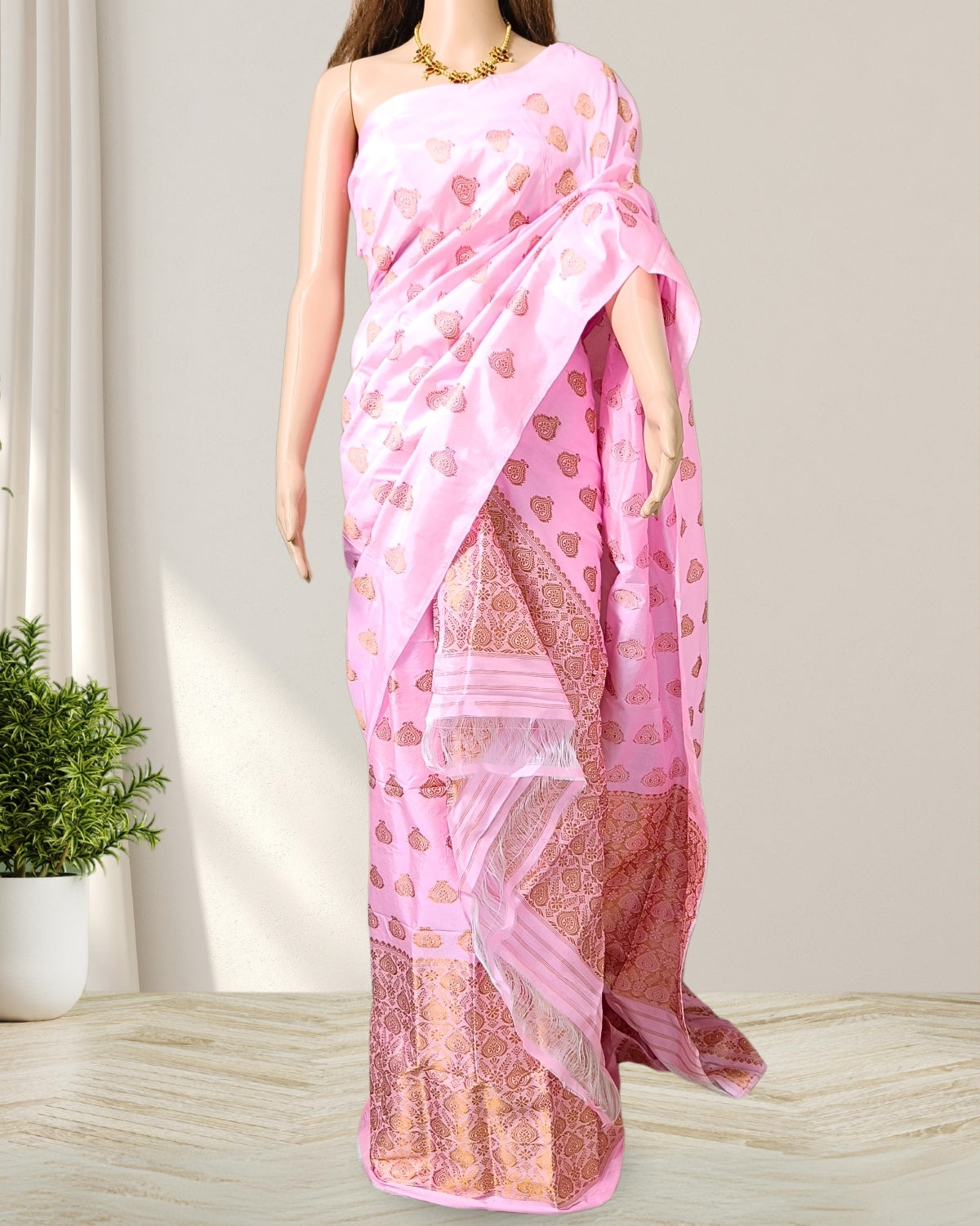 Pink pure Mulberry silk mekhela sador