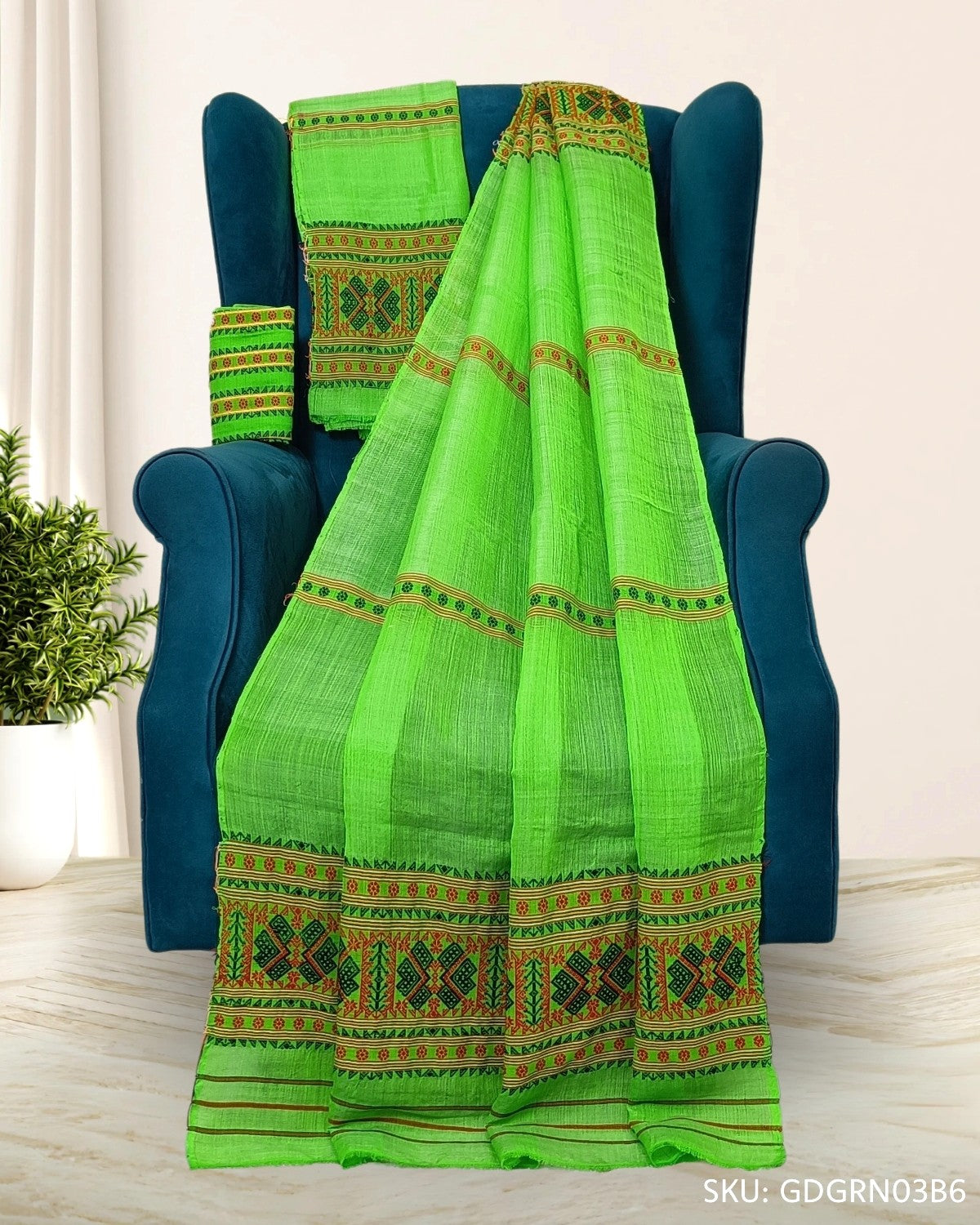 Gero design Mising mekhela sador - Parrot green