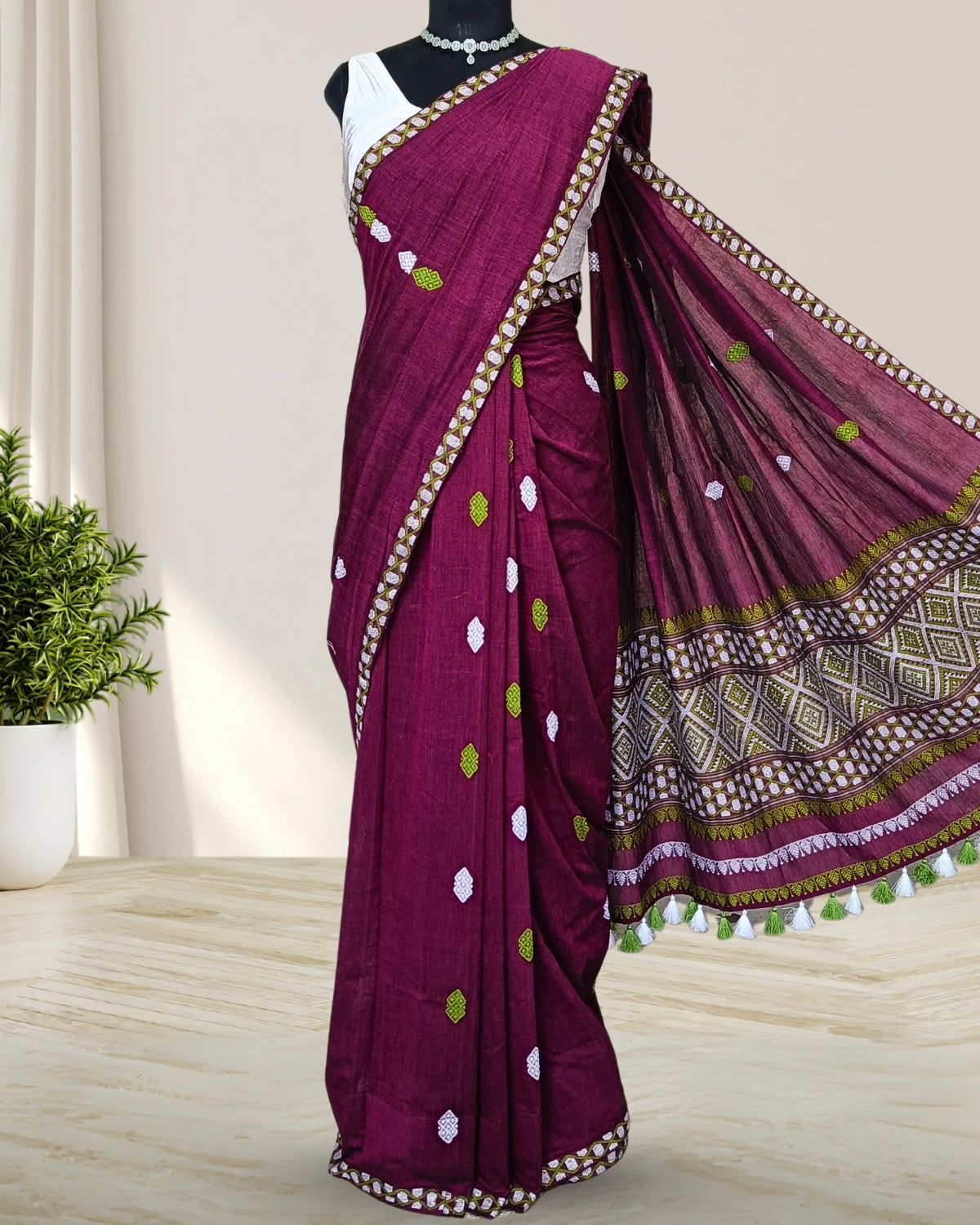 Purple pure cotton saree with designer motifs