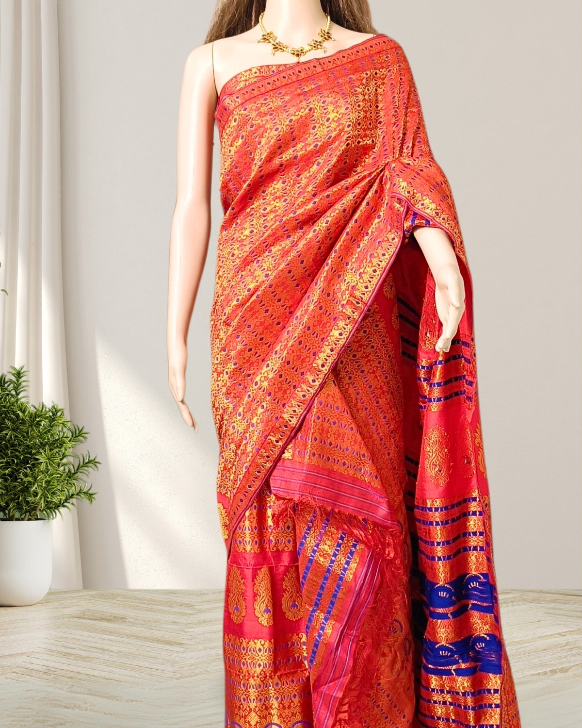 Red pure Mulberry silk mekhela sador