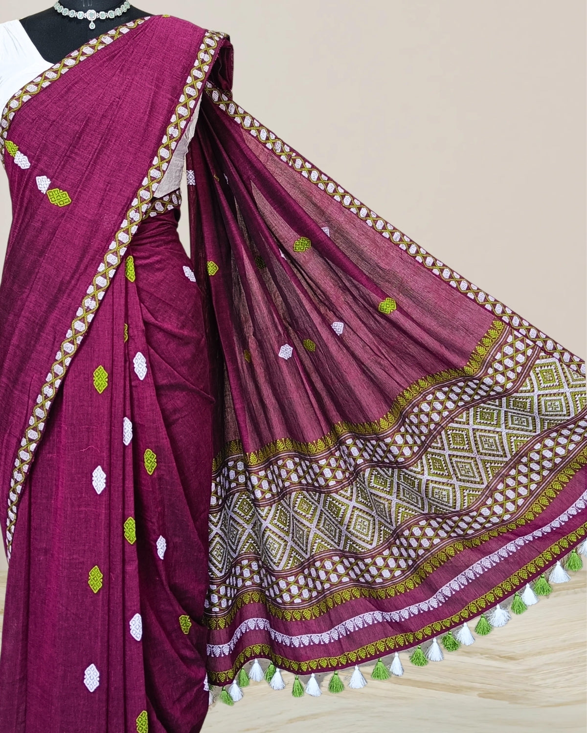 Purple pure cotton saree with designer motifs