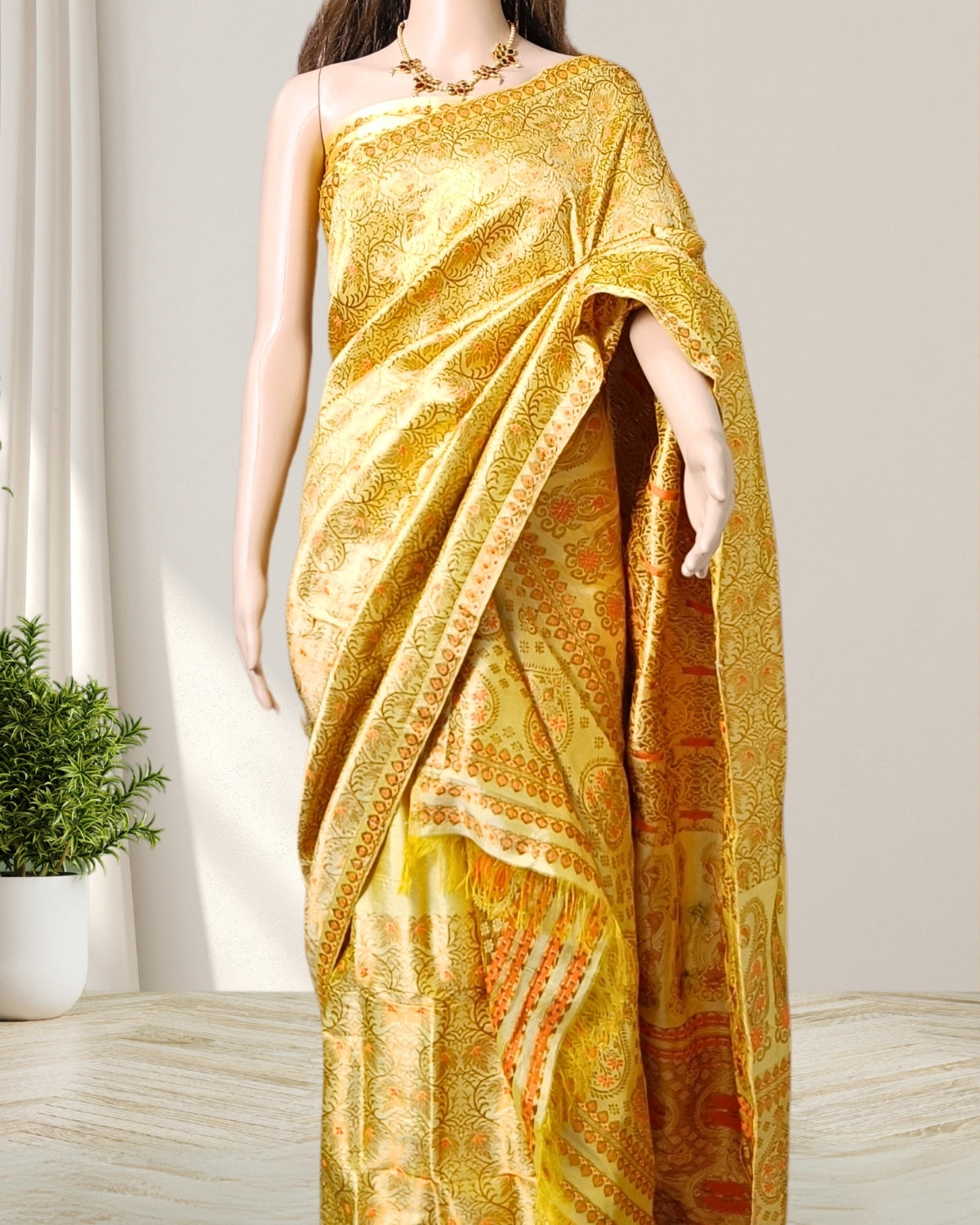 Golden color pure Mulberry silk mekhela sador