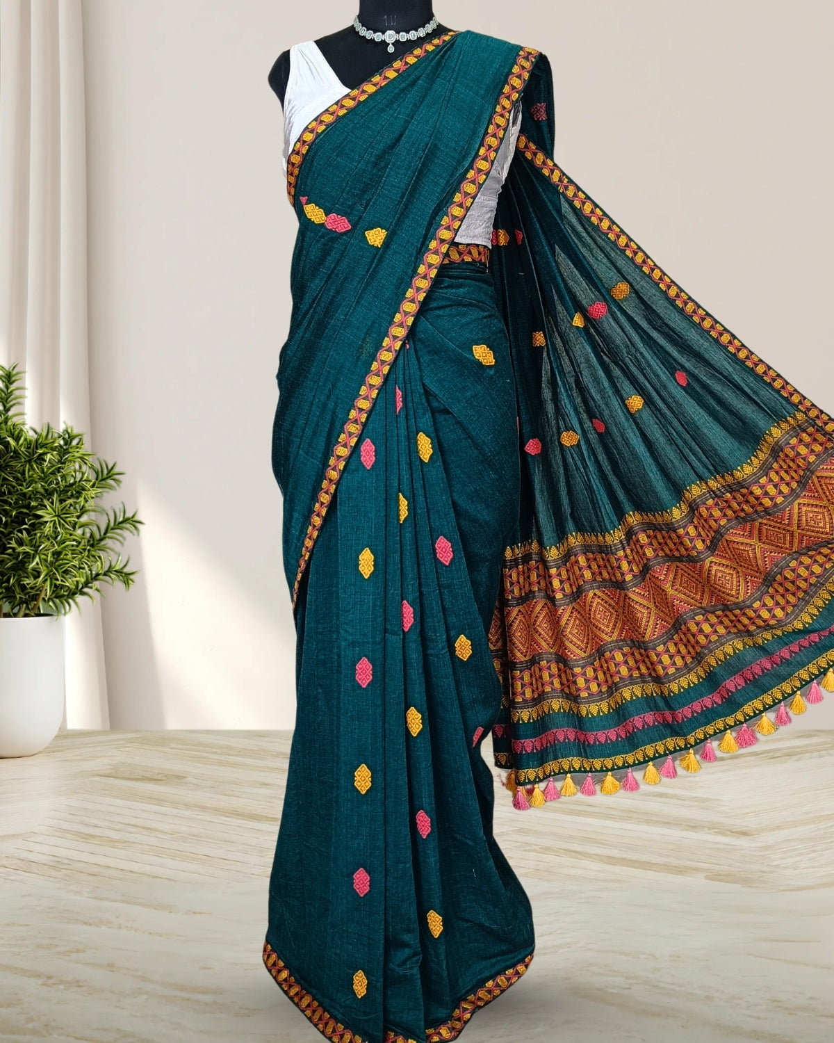 Bottle green pure cotton saree with designer motifs