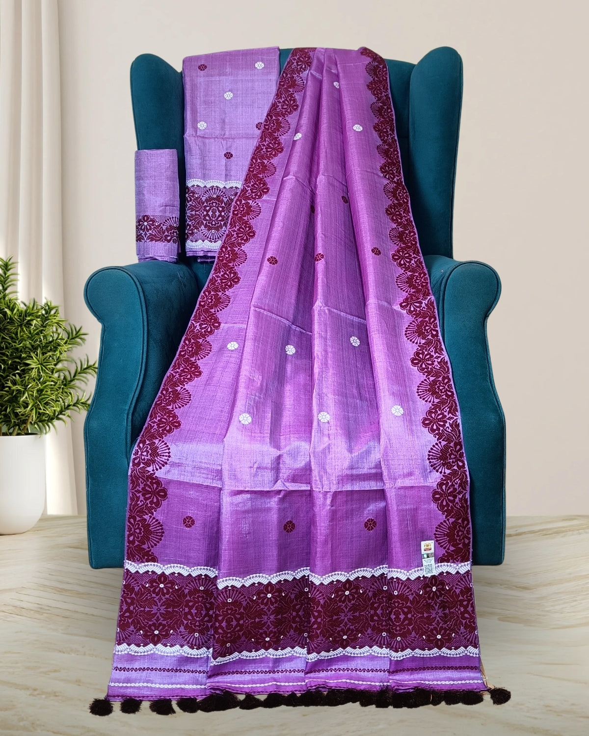 Dyed tussar silk mekhela sador