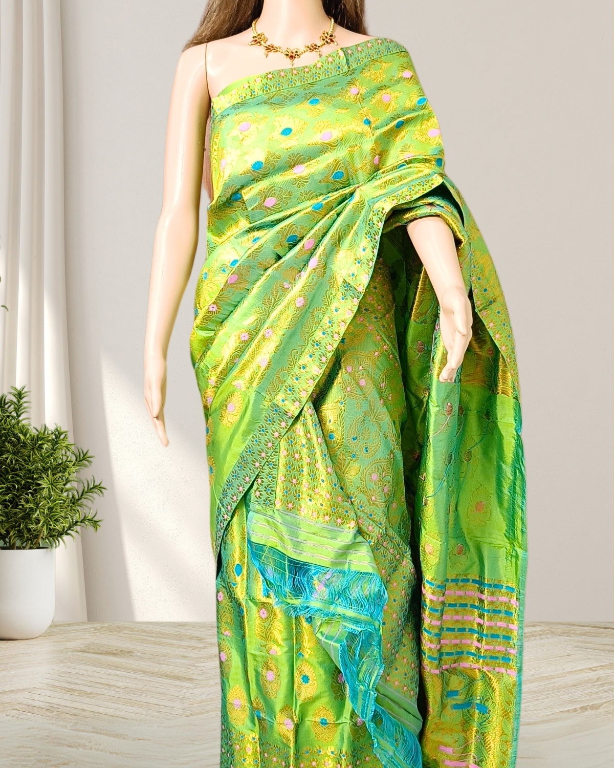 Green pure Mulberry silk mekhela sador