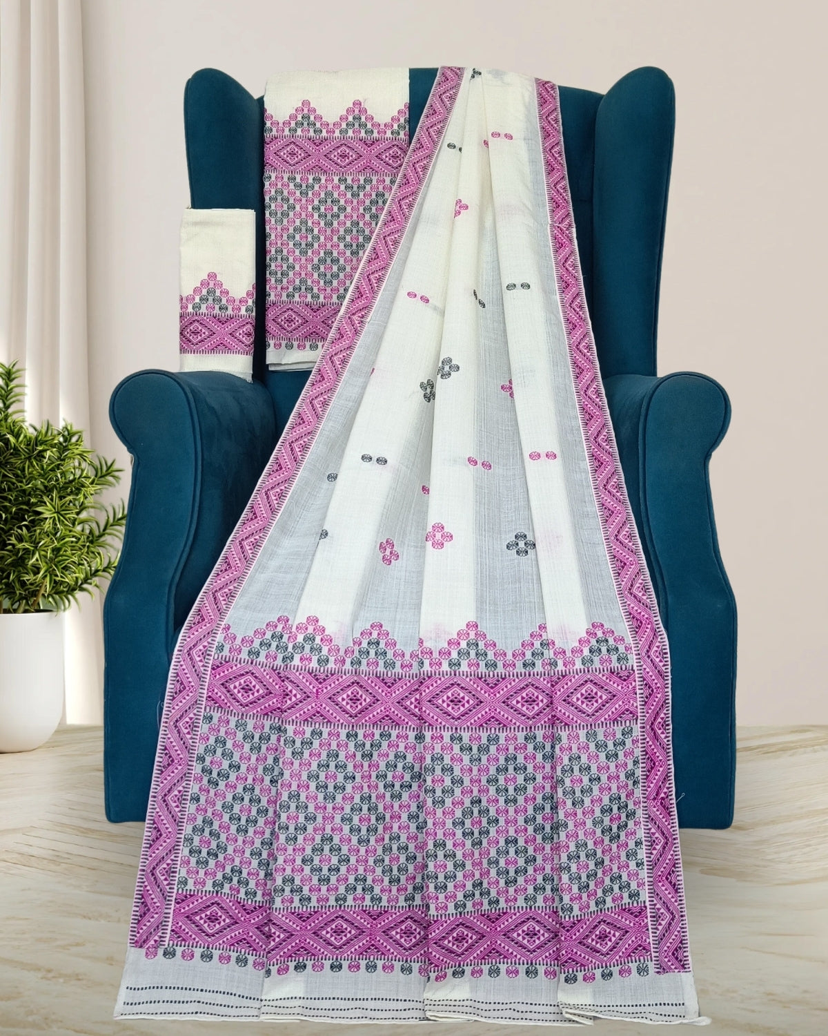 White padmini cotton Mising mekhela sador