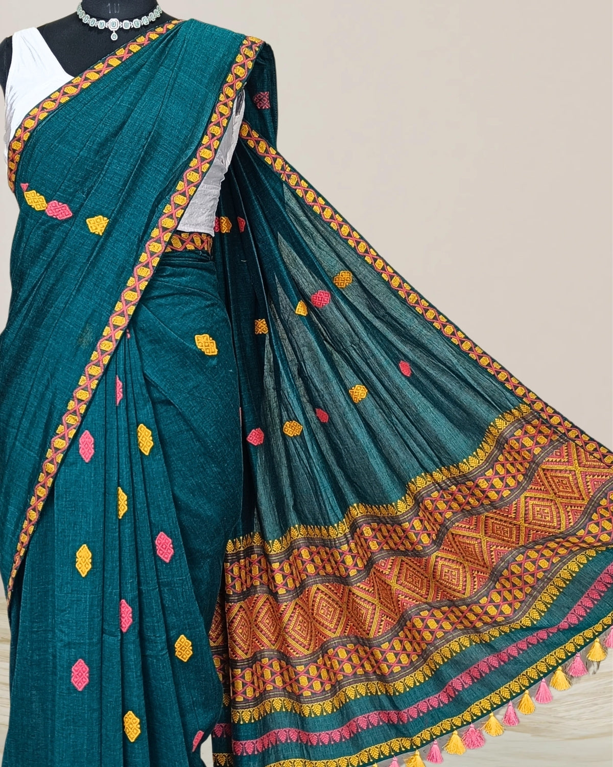 Bottle green pure cotton saree with designer motifs