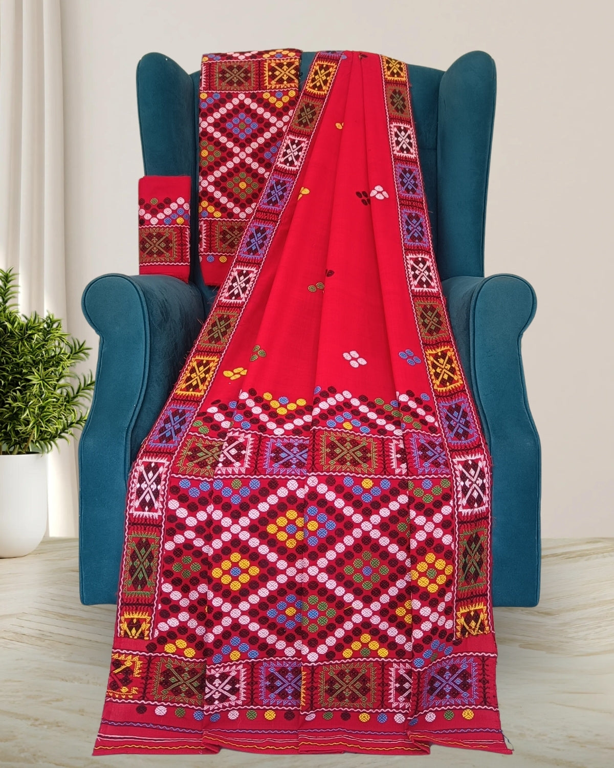 Red padmini cotton Mising mekhela sador - DMC motifs