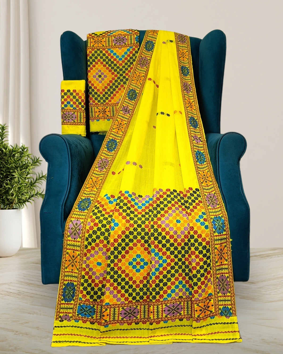 Yellow padmini cotton Mising mekhela sador-DMC motifs