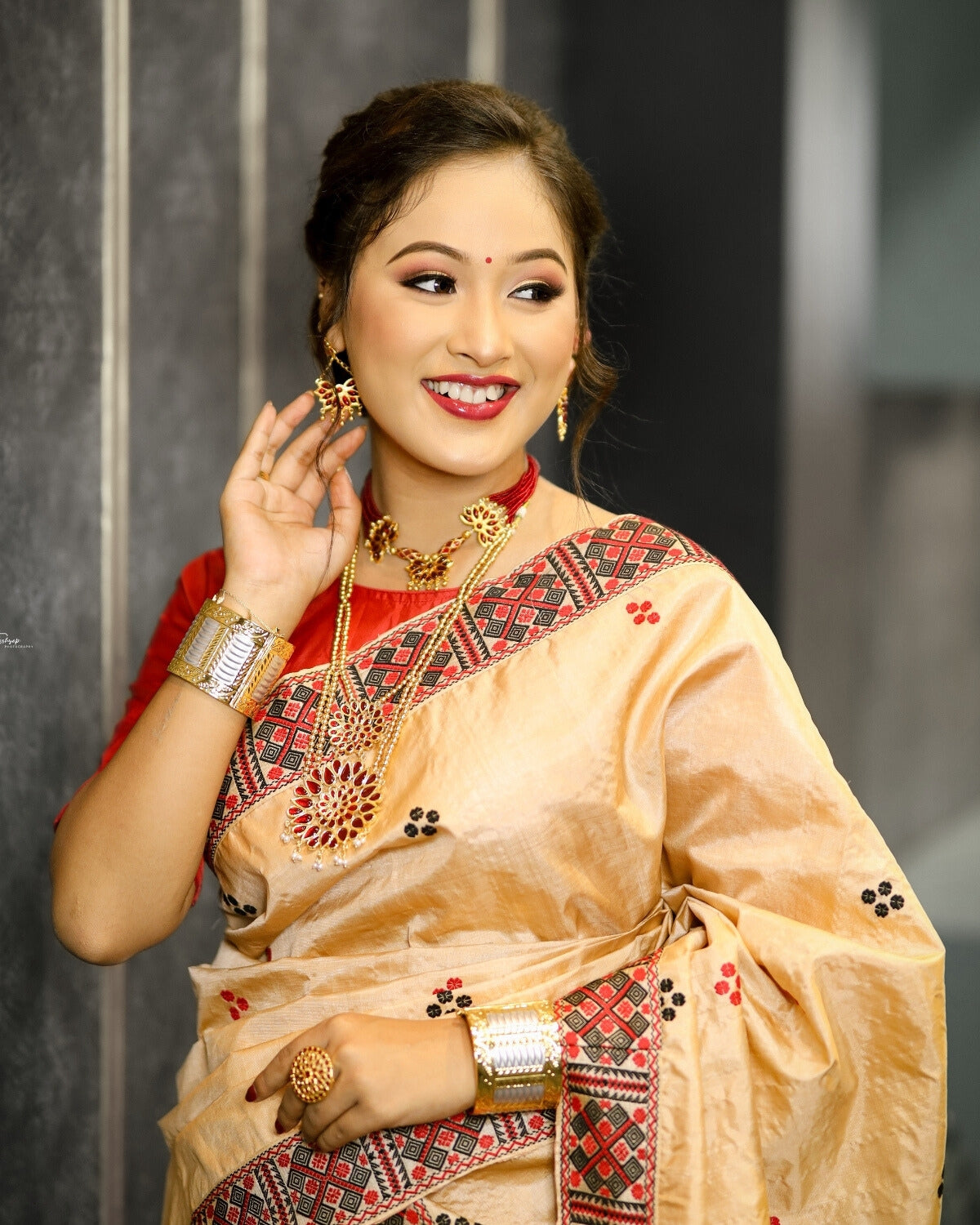 Tussar silk mekhela chadar in Mising tribal design
