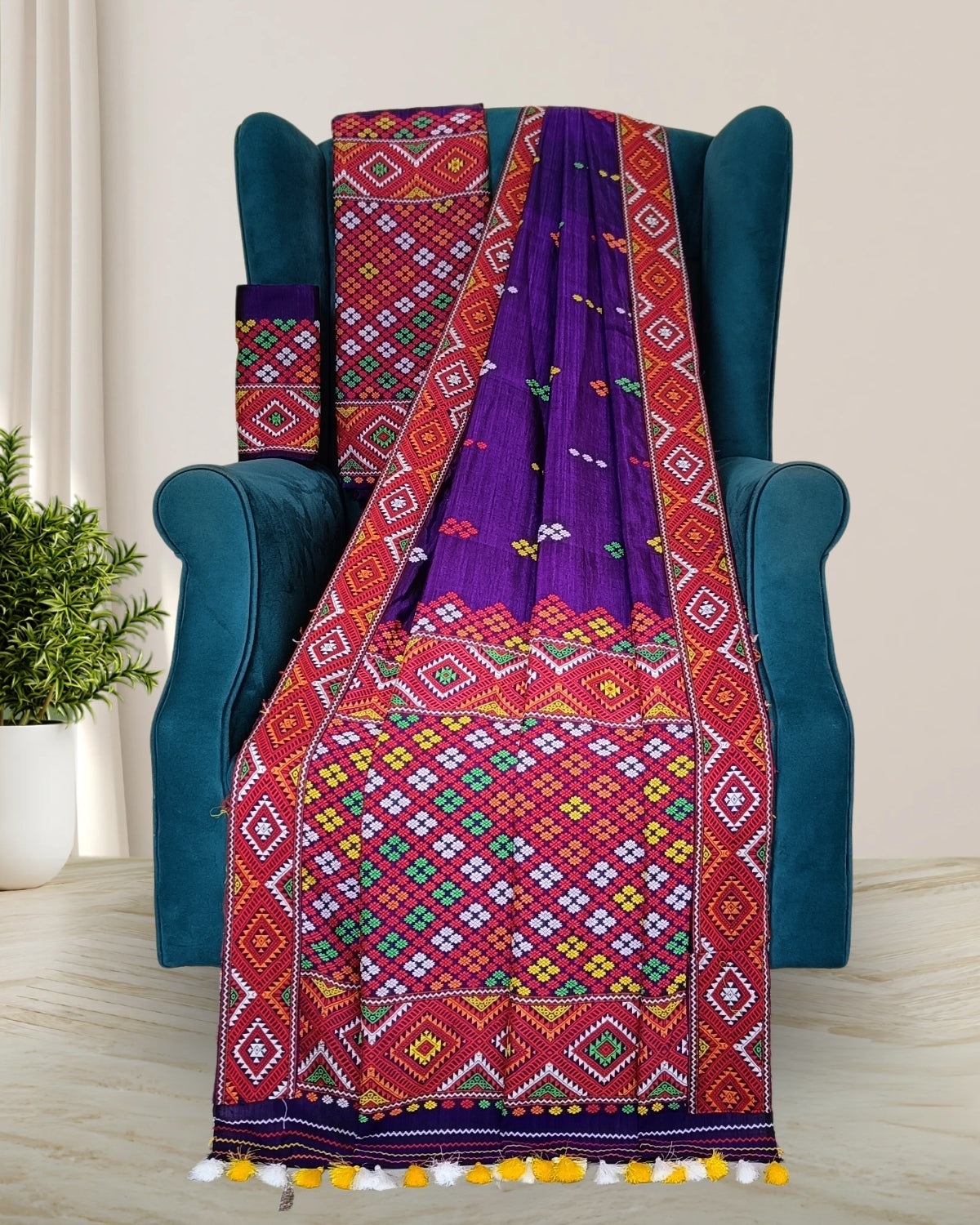 Purple padmini cotton x Assam paat Mising mekhela chadar - DMC motif work