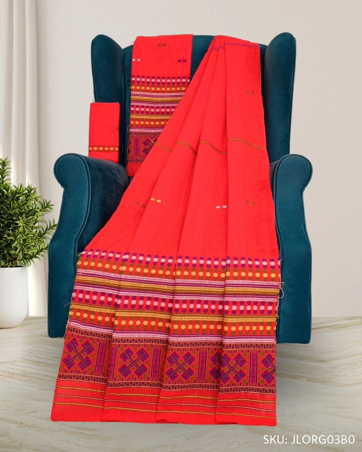 Gaseng design padmini cotton Mising mekhela sador - Orange