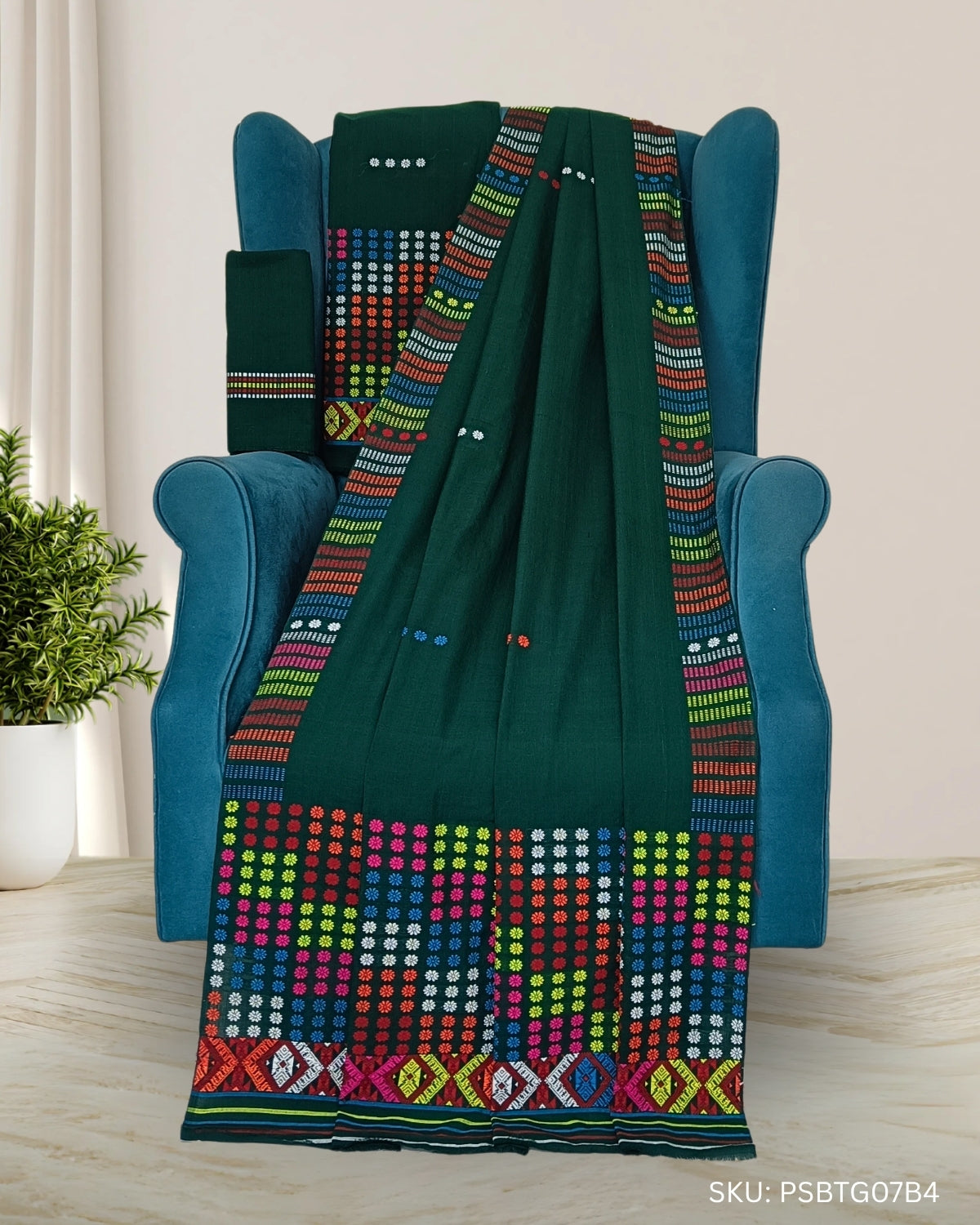Bottle green padmini cotton Mising mekhela sador
