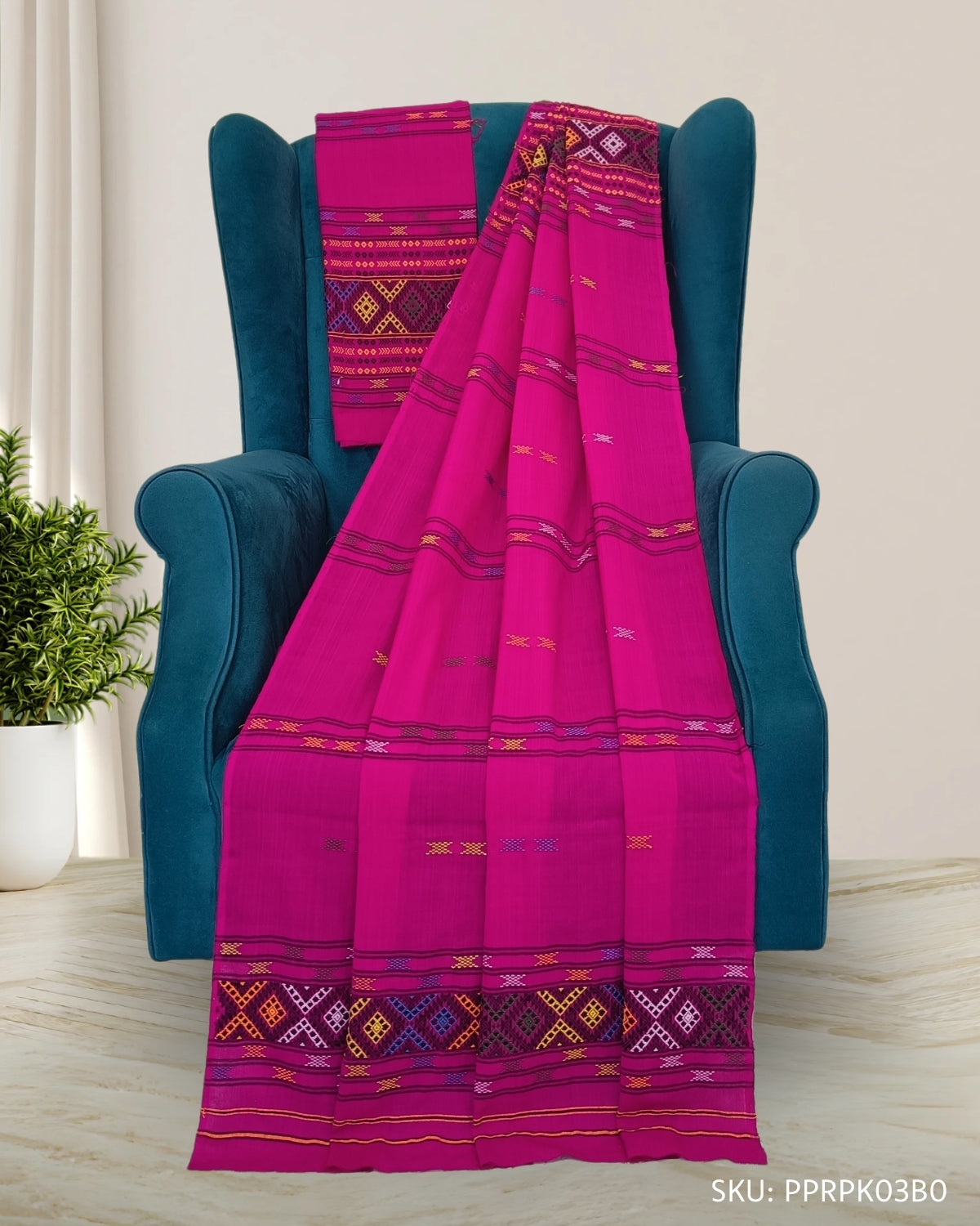 Gero design Mising mekhela chadar - Rani pink