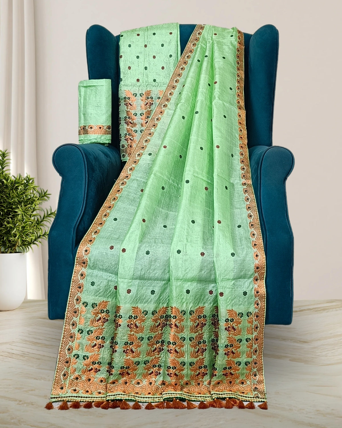 Dyed tussar silk mekhela sador