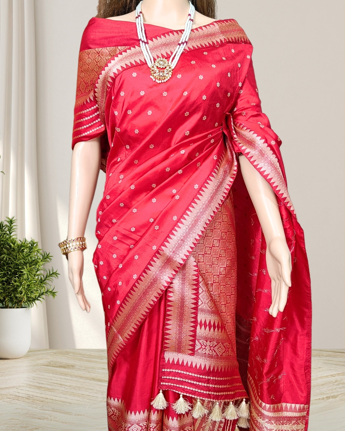 Red mulberry silk Bridal mekhela chadar with tussar motifs