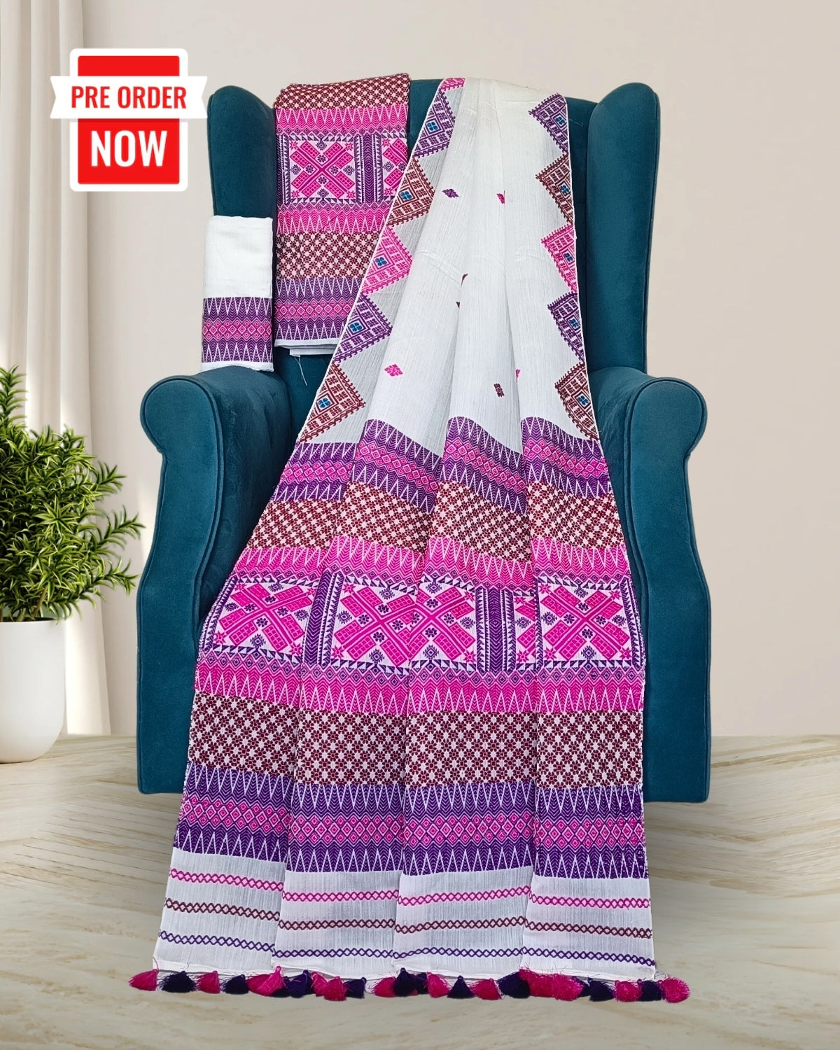 White semi nuni mekhela sador with designer motifs