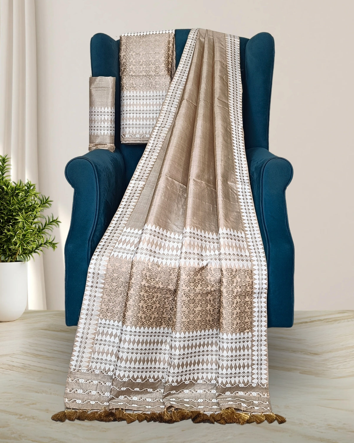 Tussar silk mekhela sador with designer motifs