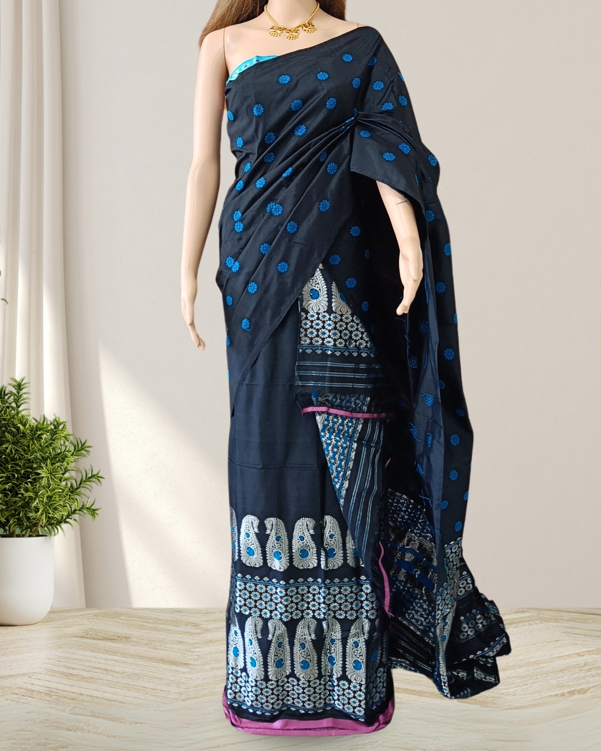 Black Pure Mulberry silk mekhela sador