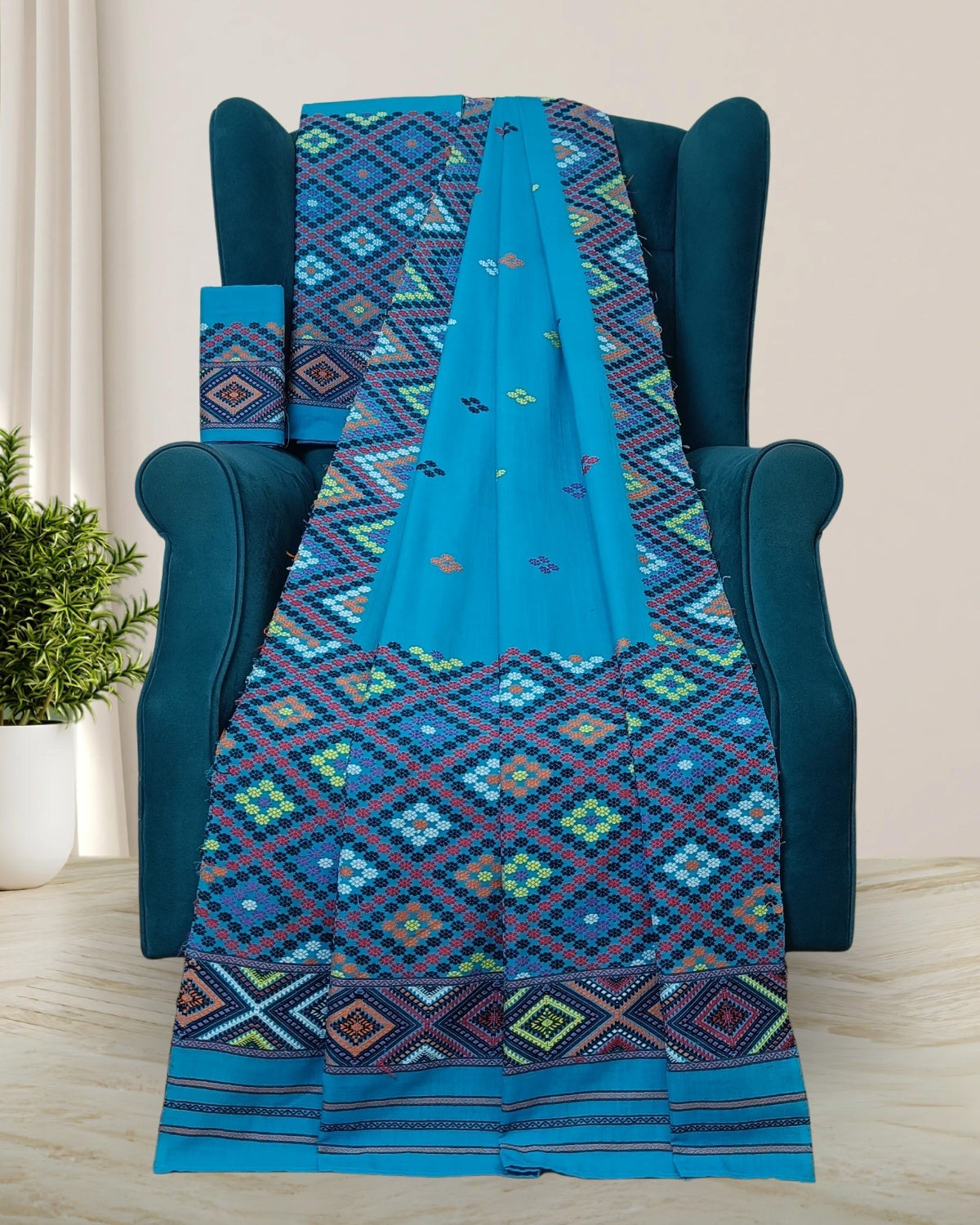 Sky blue padmini cotton Mising mekhela sador