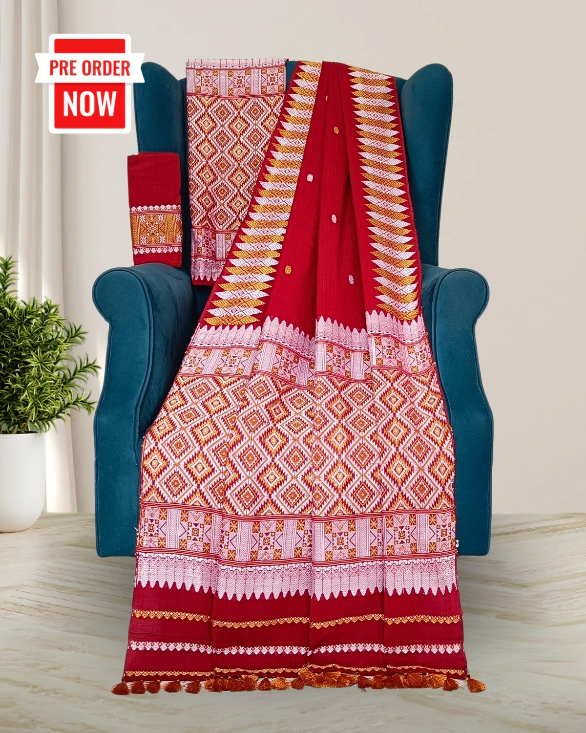Red padmini cotton mekhela sador with designer motifs