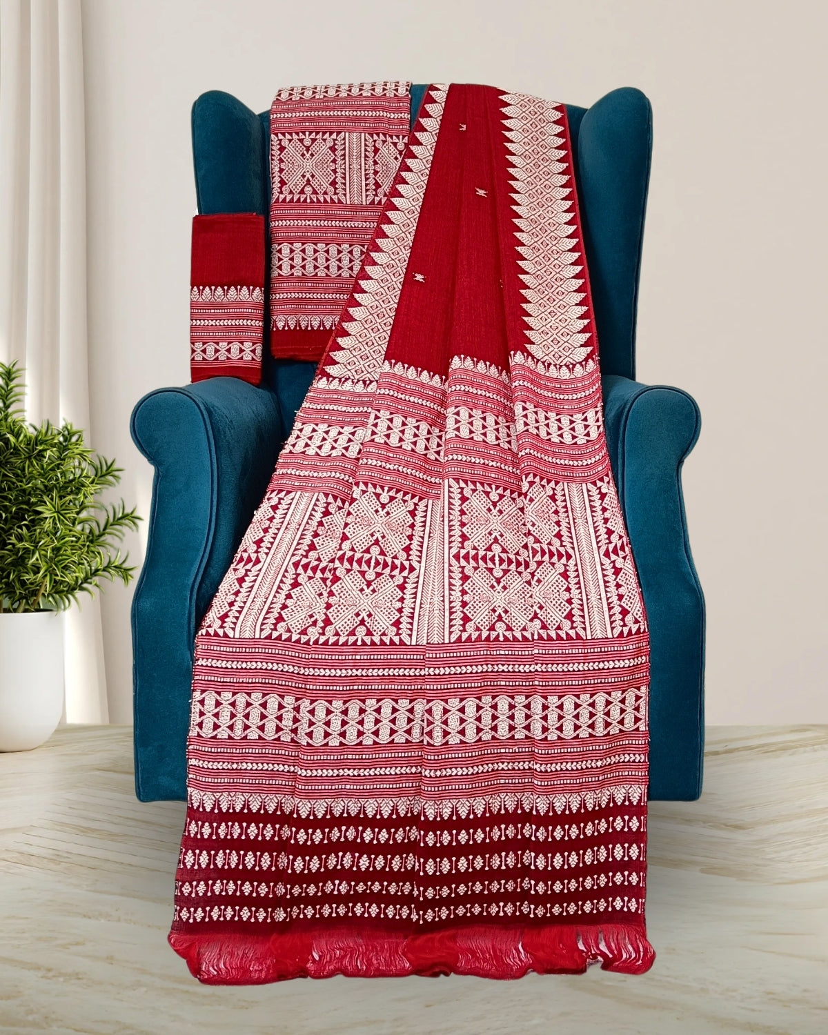 Red padmini cotton mekhela sador with designer motifs