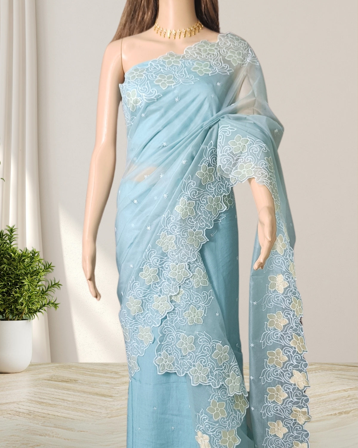 Organza aplic work mekhela sador
