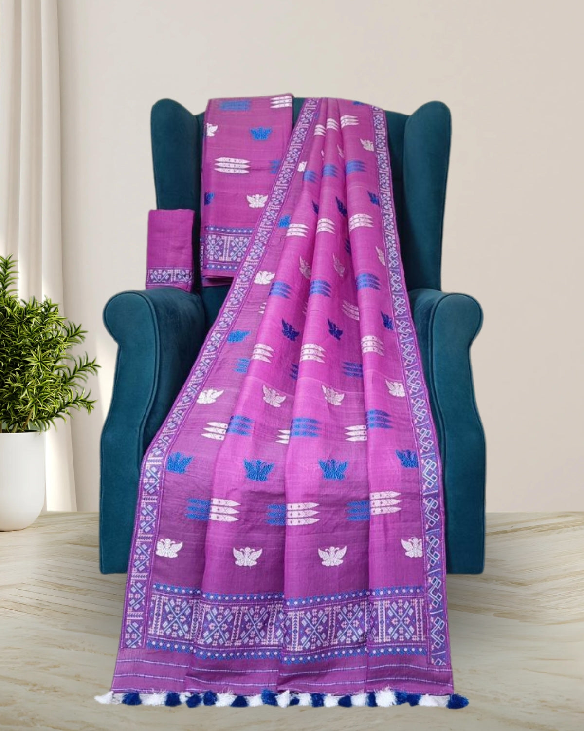 Butterfly design semi nuni mekhela sador -Pink