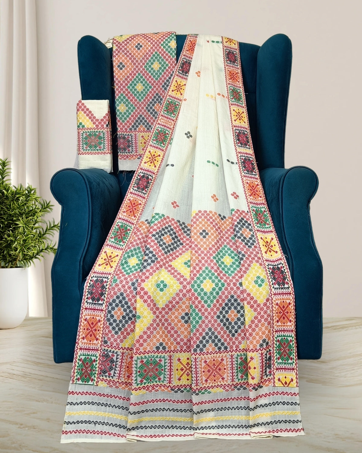 Off white padmini cotton Mising mekhela sador- DMC motifs