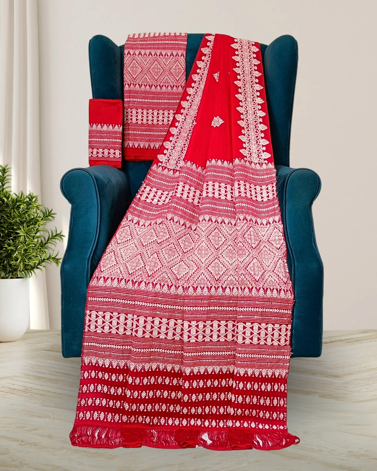 Red padmini cotton mekhela sador with designer motifs
