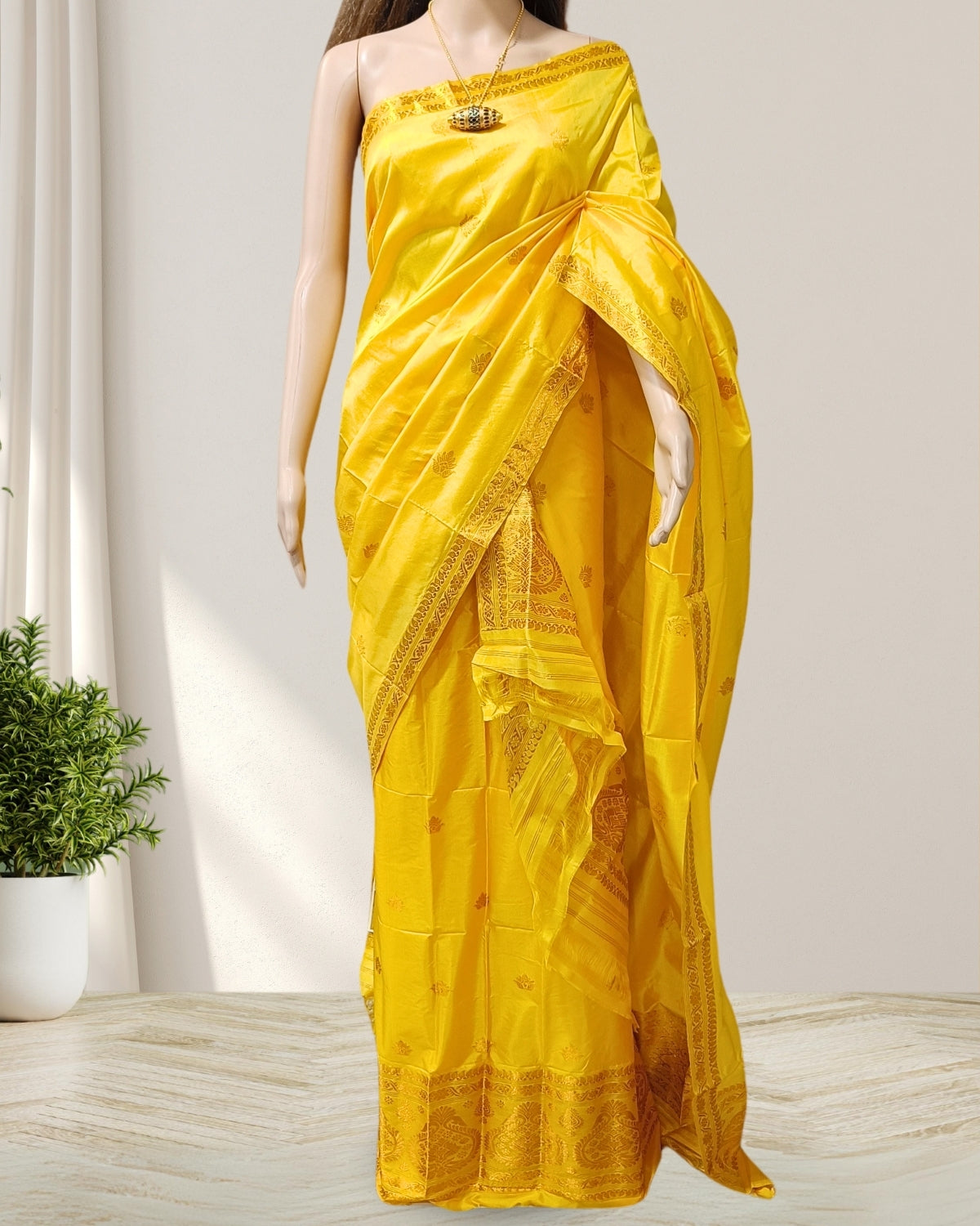 Golden yellow pure Mulberry silk mekhela sador