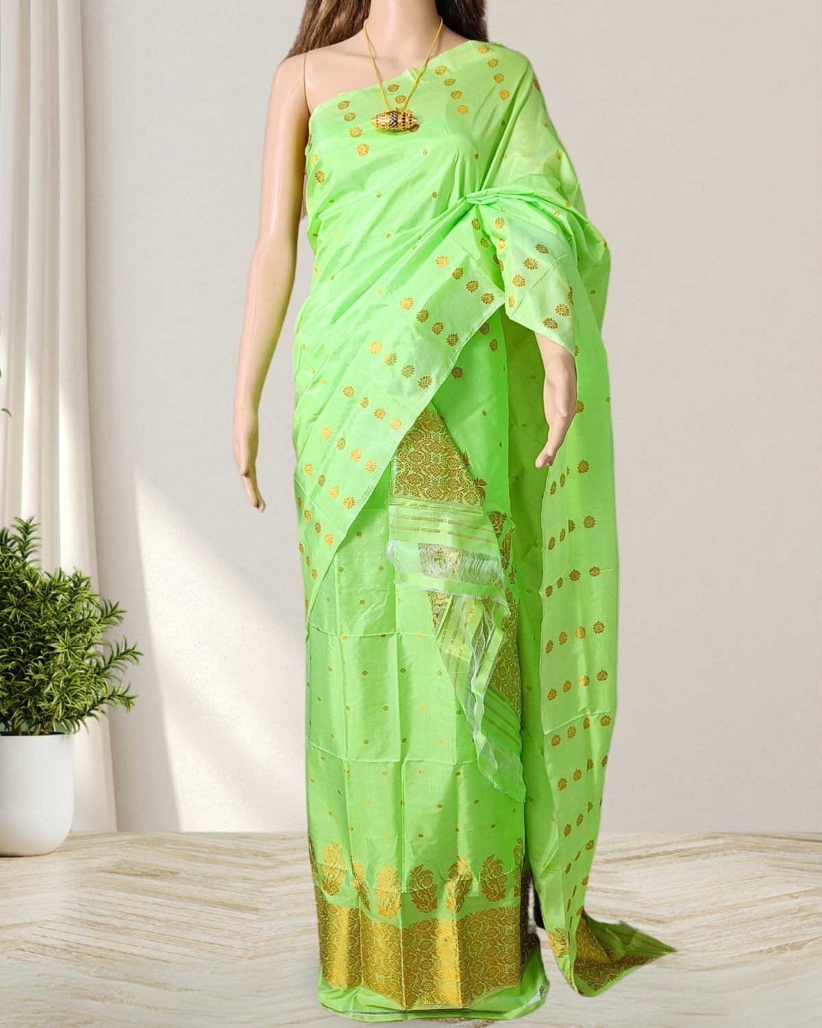 Lime green pure Mulberry silk mekhela sador