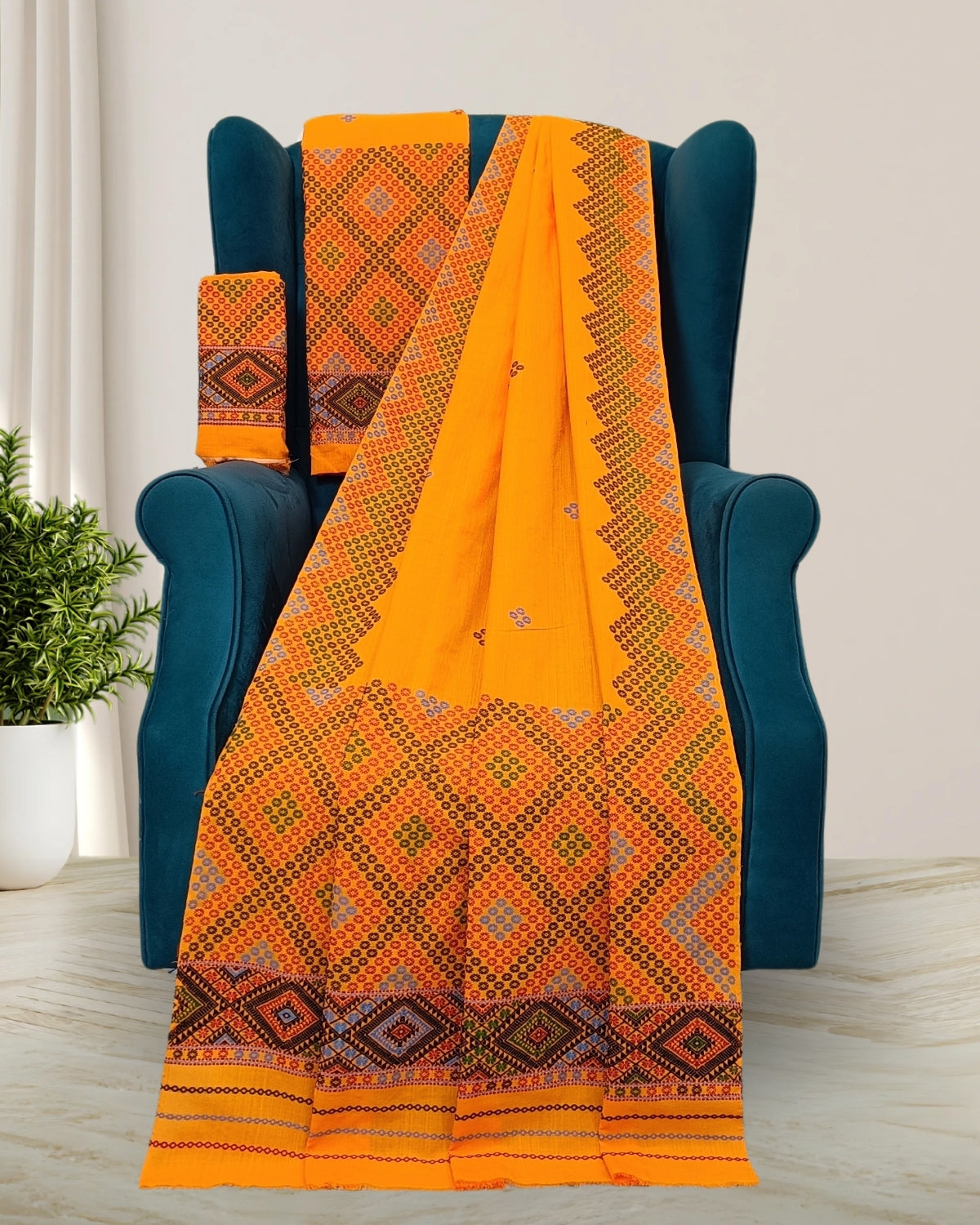 Orange padmini cotton Mising mekhela sador - DMC motif work