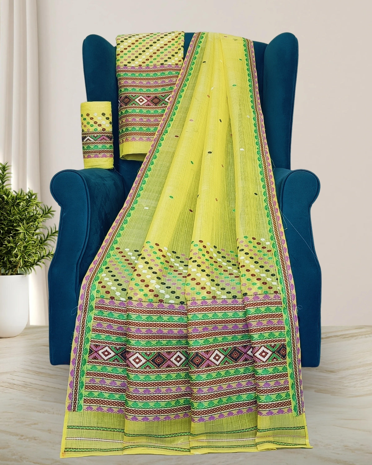 Yellow semi nuni Mising mekhela sador - DMC motifs
