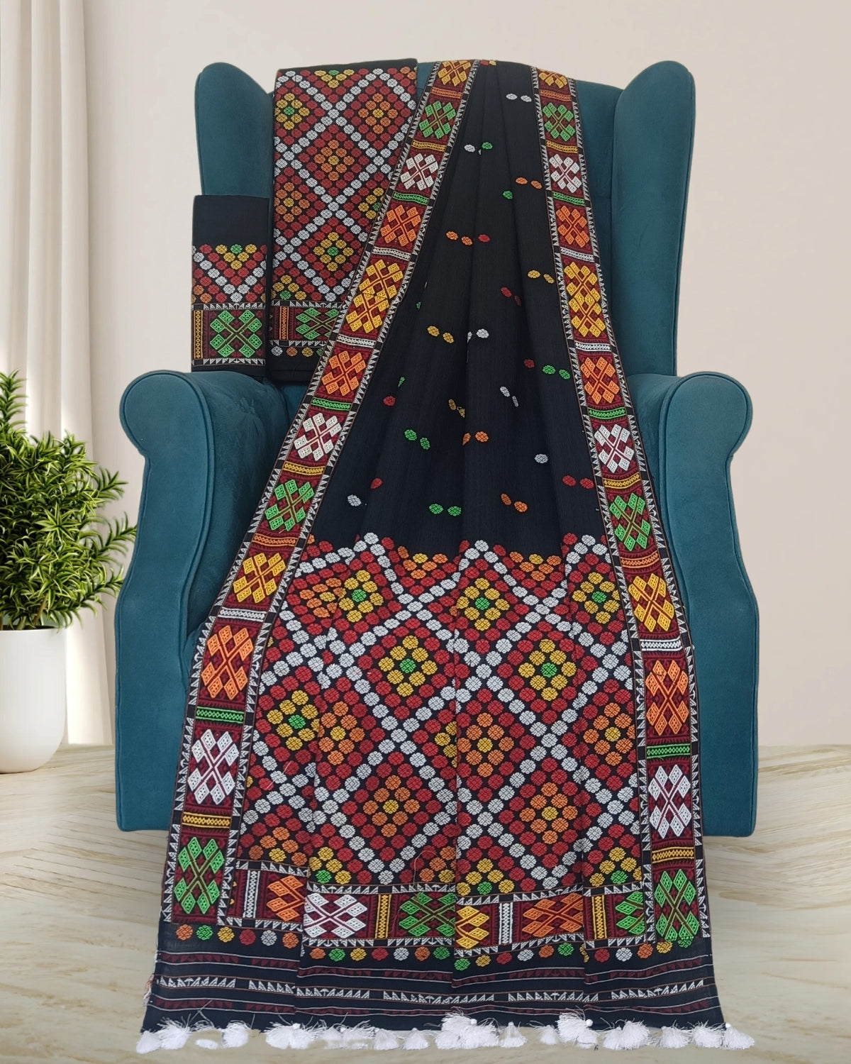 Black padmini cotton Mising mekhela sador - DMC motifs