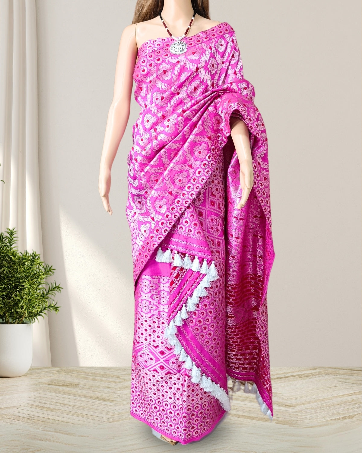 Magenta pink Mulberry silk mekhela sador